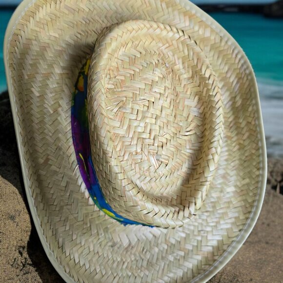 STRAW HAT OSFA Wide Brim Straw Hat Made in Mexico Tropical Band - Picture 4 of 5